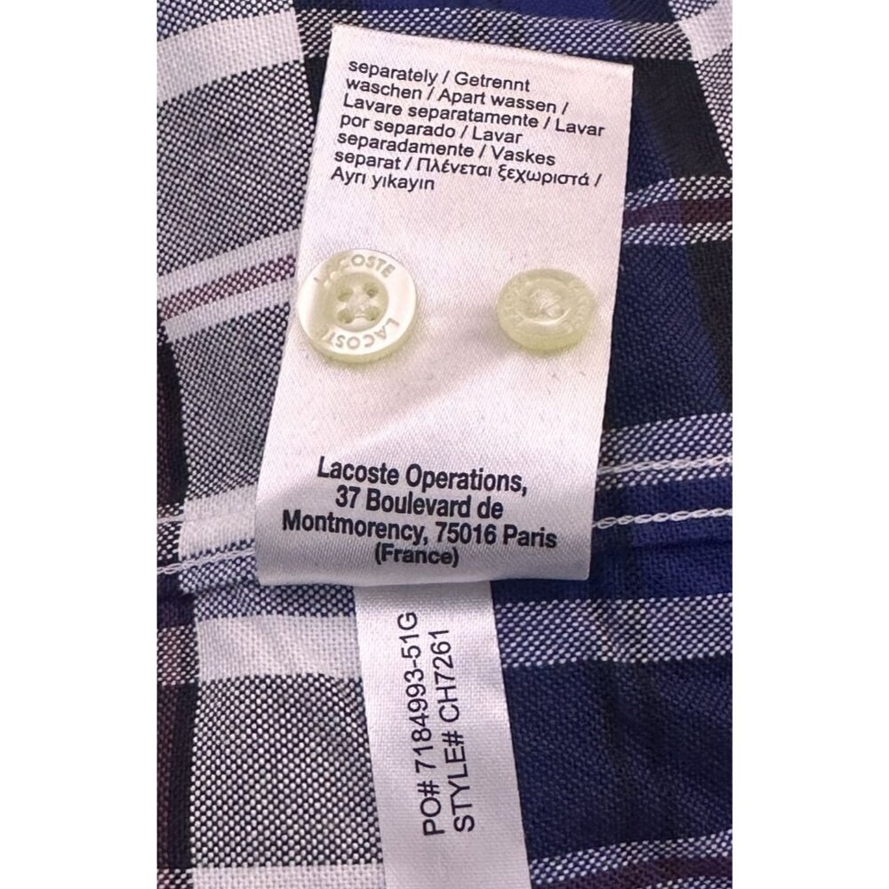 Lacoste Shirt Men's Sm Short Sleeve Button Up Blue Plaid Logo Pocket Regular Fit - Picture 10 of 12